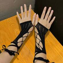 Vintage Lace Cross Lace-Up Hand Sleeves Punk Gloves Thin Concealer Sunscreen Mesh Y2k Women Sexy Lolita Accessories