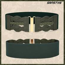 Vintage Stretchy Wide Elastic Belt With Gold Buckle For Women - 綠色 - 查看 9