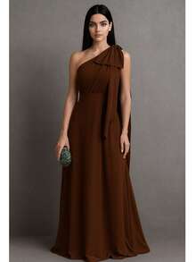Bridesmaid Dress, Prom, Nude Rose, Terracotta, Serenity, Olive, Black Or Fuchsia, One-Shoulder Bow, Matte - 鏽棕色 - 查看 2