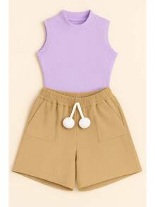 Children's And Youth Set Basic Tank Top + Ribbed Shorts With Pompom Super Stylish 2-Piece Kit For Girls And Teenagers Spring Summer CJI039 - Desnudo y lila - Ver 2