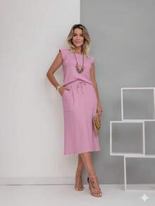 Women's Premium Fleece Midi Skirt Set - 淺粉色 - 查看 1