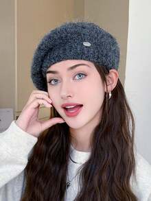 1pc Women's Classic Fuzzy Beret Hat, Knitted Solid Cloud Beanie, Fine Fleece Painter Cap, Casual Style Newsboy Hat, Suitable For Autumn/Winter Daily Wear, Walkable, Shopping