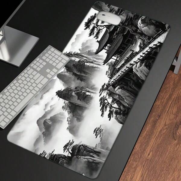 Chinese Mountain Scenery Desk Mat Full Trees Temple Desk Pad Black White Large Mouse Pad Gaming Mousepad Extended XXL Keyboard Pad Laptop Computer Mouse Keyboard Mat For Office Desk Decor