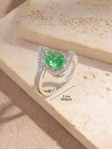 1 Stück verstellbarer Kupferring mit weißer Goldplattierung und Zirkonia-Diamanten, luxuriöser tropfenförmiger offener Ring, Kronenring, geometrischer Ring, Paraiba-Turmalin-Ring, Geschenk zu Feiertagen/Geburtstag