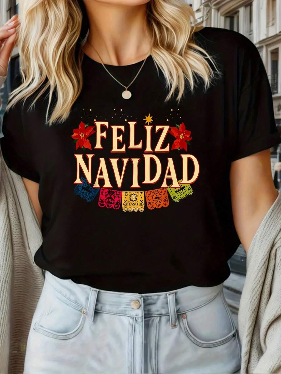 100% Algodón Unisex Divertida Camiseta de Navidad Feliz Papá, Manga Corta Casual para Verano y Primavera, Ropa de Mujer - Negro 10 - Ver 1