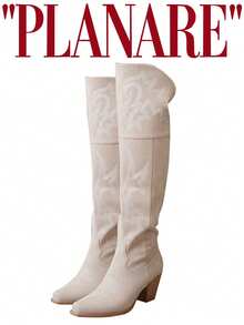 planare 女士复古麂皮裸粉色刺绣西部过膝长靴，粗跟尖头牛仔高筒靴，复古风格，适合秋冬季音乐节和街头时尚，显瘦，牛仔靴 - 杏色 - 查看 5