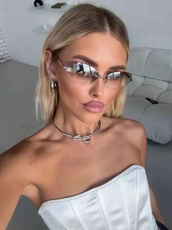 1pc Oval Frameless Women's Fashion Glasses, Suitable For Family Outings, Travels, Beaches, Music Festivals, And Daily Clothing Accessories