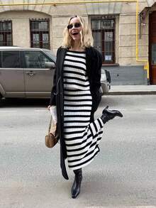 HoloChill Women's Colorblock Striped Casual 2-Piece Set: Crew Neck Long Sleeve Sweater And Long Bodycon Skirt, 2025 Autumn/Winter New Arrival