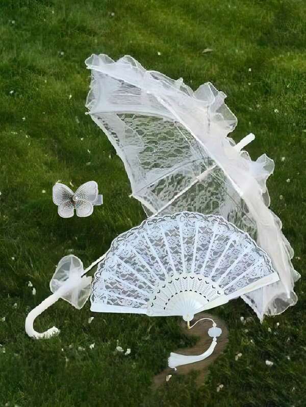 Bridal Wedding Decoration Props Set, Lace Umbrella & Lace Plastic Fan, European Style Wedding Bride Umbrella, Outdoor Wedding Decor Umbrella & Fan Set, Best Gift, Wedding Photography Prop