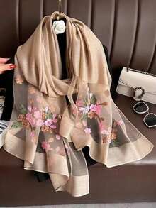 1 件仿丝刺绣海棠花围巾，时尚百搭，适合秋冬 - 卡其色 - 查看 1