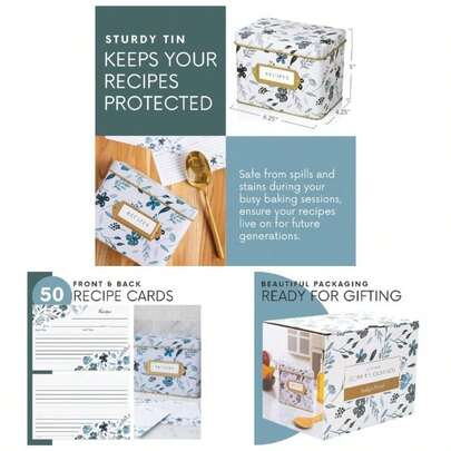 Recipe Card Box, 25 4x6 Inch Cards, 14 Dividers, Decorative Tin Box