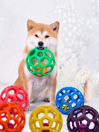 1pc Pet Chasing Toy Hollow TPR Bouncy Ball With Bell, Squeaky & Durable Interactive Toy For Teeth Cleaning & Training, Suitable For Cats & Dogs (Random Color)