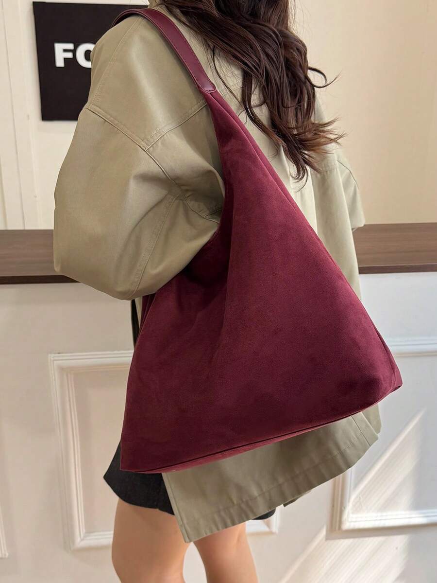 1 套女士秋冬大容量复古绒面腋下托特包，高端通勤单肩包带内衬 - 酒紅色 - 查看 1