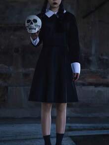 1 pezzo Abito costume da Mercoledì Addams/Cosplay, abito a collo e lunghezza media, per Ognissanti