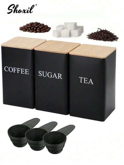 shoxil 3pcs Vintage Style Food Sealed Canisters With Wooden Lids And Sealing Strips, Leak-Proof Reusable Food Storage Containers, Includes Black Measuring Scoop, Coffee Bean Scoop, Tea Spoon, Sugar Spoon, Suitable For Cookies, Candies And Sugar, Kitchen Organization, Kitchen Accessories