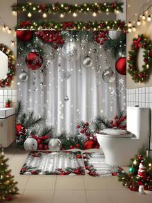 1/4 Pcs Christmas Shower Curtain Set With Holiday Red, Green And White Design - Includes Waterproof Shower Curtain With 12 Hooks, Non-Slip Bath Mat, U-Shaped Toilet Lid Cover And Rug - Perfect For Holiday Bathroom Decor, Multiple Sizes Available