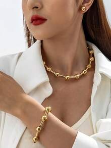 imoli 1 Set Minimalist Fashionable Gold-Tone CCB Beaded Curved Tube Niche Design Elegant Jewelry Set, Perfect Gift For Women To Wear Casually In Any Occasion