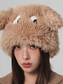 1 件卡通蓬松大眼睛小狗耳朵毛绒帽子甜美可爱时尚大眼睛毛绒狗帽可爱女士无檐小帽可爱纯色冬季保暖仿皮草女童套头帽 - 彩色 - 查看 5