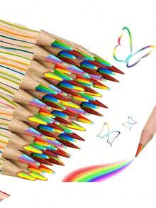 Multiple Rainbow Core Wooden Colored Pencils, Multi-Color Rainbow Cores, Suitable For Schools, Families, Sketching, Doodling, DIY Art Supplies, Decorative Rainbow Color Water-Soluble Wooden Pencils, School Classes, Painting, Wooden Rainbows, Christmas Classes, Rainbow Pencils, Colored Pencils, Watercolors, The Best Gift For Family - Multicolor - View 5