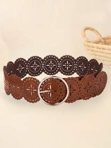 1pc Women's Vintage Round Hollow Geometric Pattern PU Leather Casual Jeans Belt, Suitable For Autumn, Halloween