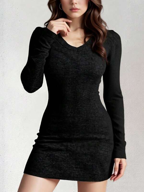 1pc Solid Color Casual Elegant Knit Fabric Bodycon Dress, Suitable For Home, Party, Office, Autumn/Winter
