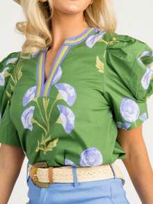 Women's Boho Floral Print Casual T-Shirt Puff Sleeve Notch V-Neck Blouse Tops For Spring Summer Streetwear Aesthetic Clothes - 綠色 - 查看 2