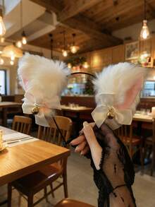 2pcs Women White Sexy Mesh Furry Ear Headband Bow Choker Bell Costume Accessories Prop, Halloween Gift, Party Supplies