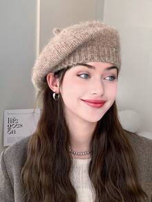 1pc Women's Classic Fuzzy Beret Hat, Knitted Solid Cloud Beanie, Fine Fleece Painter Cap, Casual Style Newsboy Hat, Suitable For Autumn/Winter Daily Wear, Walkable, Shopping