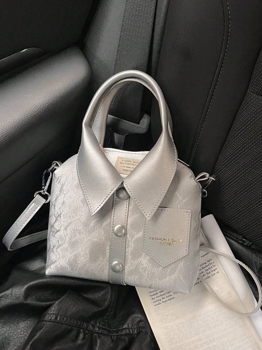 1 件包，PU 面料形状包，配有长肩带单肩包挎包，辣妹风格服装包，独特时尚女士手提包，简约衬衫设计，小方形斜挎包，随机颜色字母口袋折痕 - 銀色 - 查看 1
