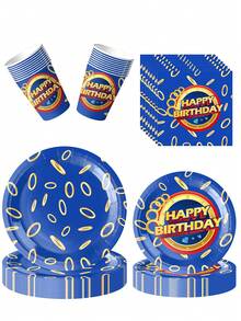 10件套蓝金戒指印花生日派对用品，电子游戏主题派对一次性餐具及装饰品 - 彩色 - 查看 1