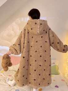 1set Women's Super Warm Teddy Fleece Hooded Bathrobe - Oversized Polka Dot Loungewear With Pom Pom Drawstring & Roomy Pockets, Ultra-Soft Plush Robe For Home Lounging, Book Reading Nooks, Cozy Movie Nights & Cold Winter Days Errands - Multicolor - View 5