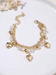 Bead Decor Heart Charm Bracelet - Yellow Gold - View 5