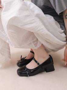 少女玛丽珍鞋，红色蝴蝶结派对鞋，学生田园风格粗跟黑色复古高跟鞋 - 黑色 - 查看 4