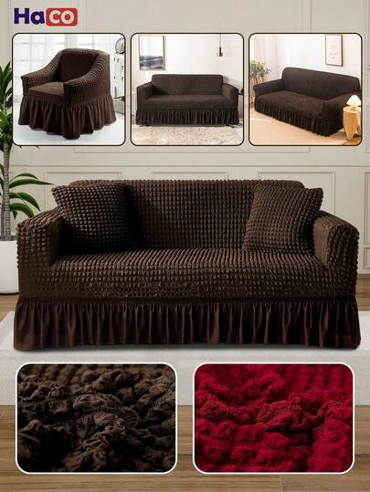 HogarAcogedor 1pc Funda de Sofá Elegante Marrón con Textura de Burbujas y Falda - Elástica, Funda de Sofá de Longitud Completa, Apta para Todos los Tamaños de Sofá (de Un Solo a Tres Plazas) - Diseño Moderno, Lavable a Máquina, Perfecta para Cualquier Decoración de Habitación, Fundas de Sofá para Sala de Estar
