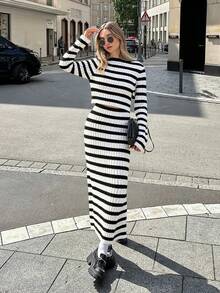 HoloChill Women's Colorblock Striped Casual 2-Piece Set: Crew Neck Long Sleeve Sweater And Long Bodycon Skirt, 2025 Autumn/Winter New Arrival