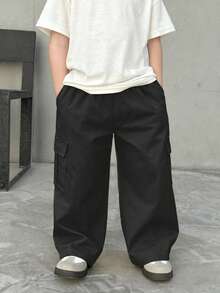 1pc Young Boys' Fashion Versatile Casual Comfortable Street Chic Commute School Vacation Daily Wear Dirt-Resistant Soft Multi-Pocket Straight Leg Cargo Pants, Spring/Summer/Autumn/Winter - Black - View 3