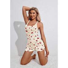 Women's Cami Pajama Set Sleeveless Racerback Tank Top Soft Sleepwear For 2025 - Cherry Teddy Bear Silhouette - View 5