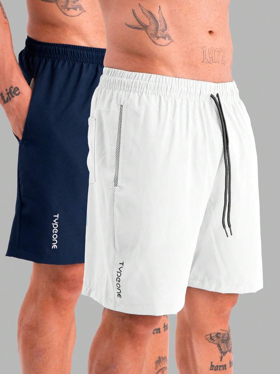 Tactel Men's 2-Piece Gym Shorts With Elastane, Sports Swim Shorts With Anti-Sand Pocket - Azul marino/blanco - Ver 1