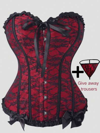 Corset, Body Shaping Top, Black And Red Lace Bow Design, Fashionable And Versatile, Suitable For Daily Wear, Masquerade, Christmas Gift, Women's Corset, Women's Corset Top. (With Free Pants)