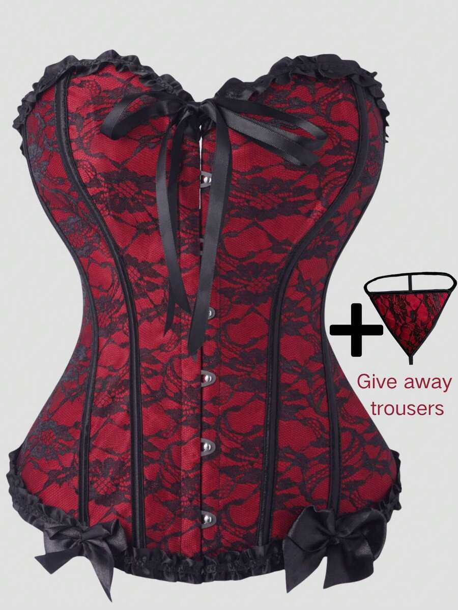 Corset, Body Shaping Top, Black And Red Lace Bow Design, Fashionable And Versatile, Suitable For Daily Wear, Masquerade, Christmas Gift, Women's Corset, Women's Corset Top. (With Free Pants) - Red - View 1