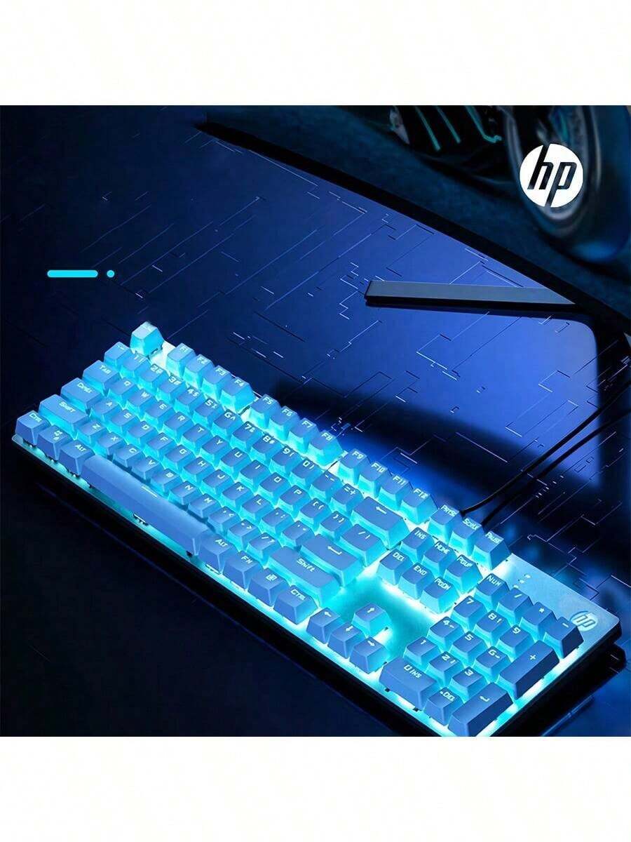 HP GK100F Mechanical Keyboard With Ergonomic Stepped Keycaps, Adjustable Ice Blue LED Backlight, Full Key Response, USB Plug-And-Play, And Office And Gaming Compatible. - Green Axis - View 1
