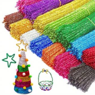 200/100 piezas Juego de manualidades, limpiapipas brillantes, tallos de oropel navideño brillante, palitos de material brillante hecho a mano, 10 colores surtidos, suministros de manualidades de tela para manualidades DIY, bodas, decoración del hogar, fiestas y decoraciones navideñas