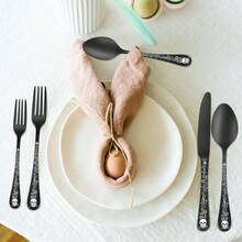 5/20pcs Gothic Design Cutlery Service For 4/6, Premium Stainless Steel Flatware Includes Spoon Fork And Knife, Cool Silverware With Skull&Rose Pattern, Mirror Polished, Nice Gift For Dark&Rock Lover//Birthday ,Kitchen,Christmas Gift,School Supplies - màu đen - Xem 3