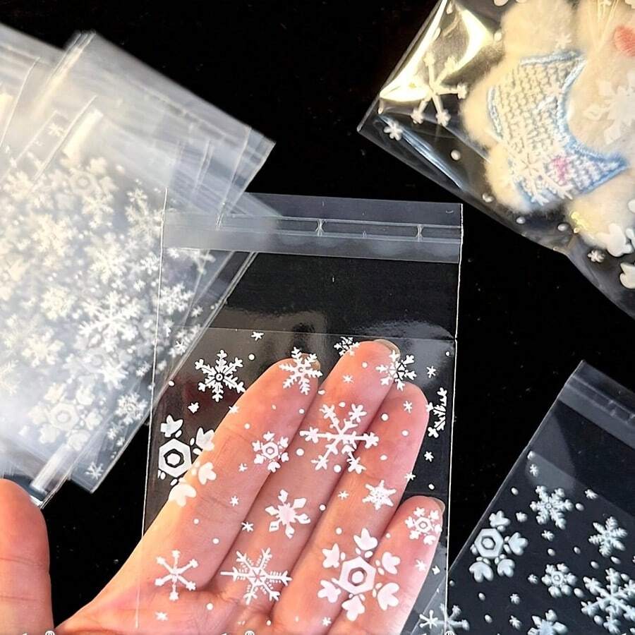 100/200pcs Snowflake Self-Sealing Bags - Durable Polypropylene Clear Plastic Envelopes With White Snowflake Print For Gift Wrapping, Holiday Cards, Small Business Packaging , Christmas Gift Bags - Multicolor - View 1