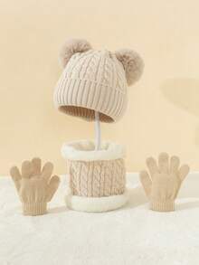 3pcs/Set Toddler/Infant Knitted Hat + Scarf + Gloves Set, Thick Cable Knit Pom Pom Hat, Scarf, Gloves, Warm Winter Knitted Clothing Outfit, Fashionable High-Quality Stylish Comfortable Soft Durable Practical Gift Set