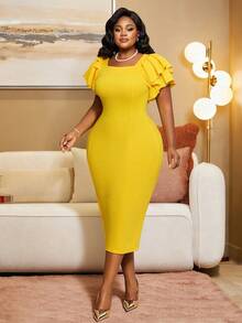Women's Elegant Party Dress, Plus Size Bodycon Midi Dress With Ruffle Trim, Formal Workwear Suitable For Christmas, Thanksgiving, New Year, Weddings, Office, Daily, Work, Party, Graduation, Spring/Summer - Yellow - View 4