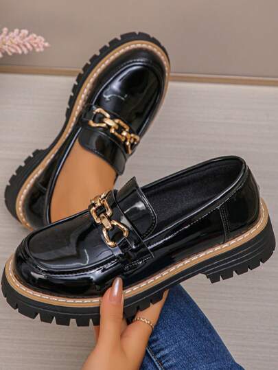 Women's Thick Sole Loafers, Black Patent Metallic Chain Decor, Retro British Style Slip-On Flats