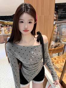 不对称肩部圆点印花不对称长袖衬衫 春季 - 灰色 - 查看 2