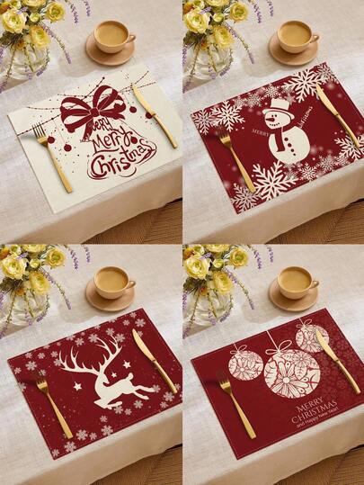 1pc/4pcs/6pcs/60pcs Christmas Linen Placemats, Red Bell Deer Snowman Christmas Ball Linen Placemats, Winter Christmas Placemats, Merry Christmas, Suitable For Home, Dining Room And Restaurant, Tabletop Decor, Home Goods