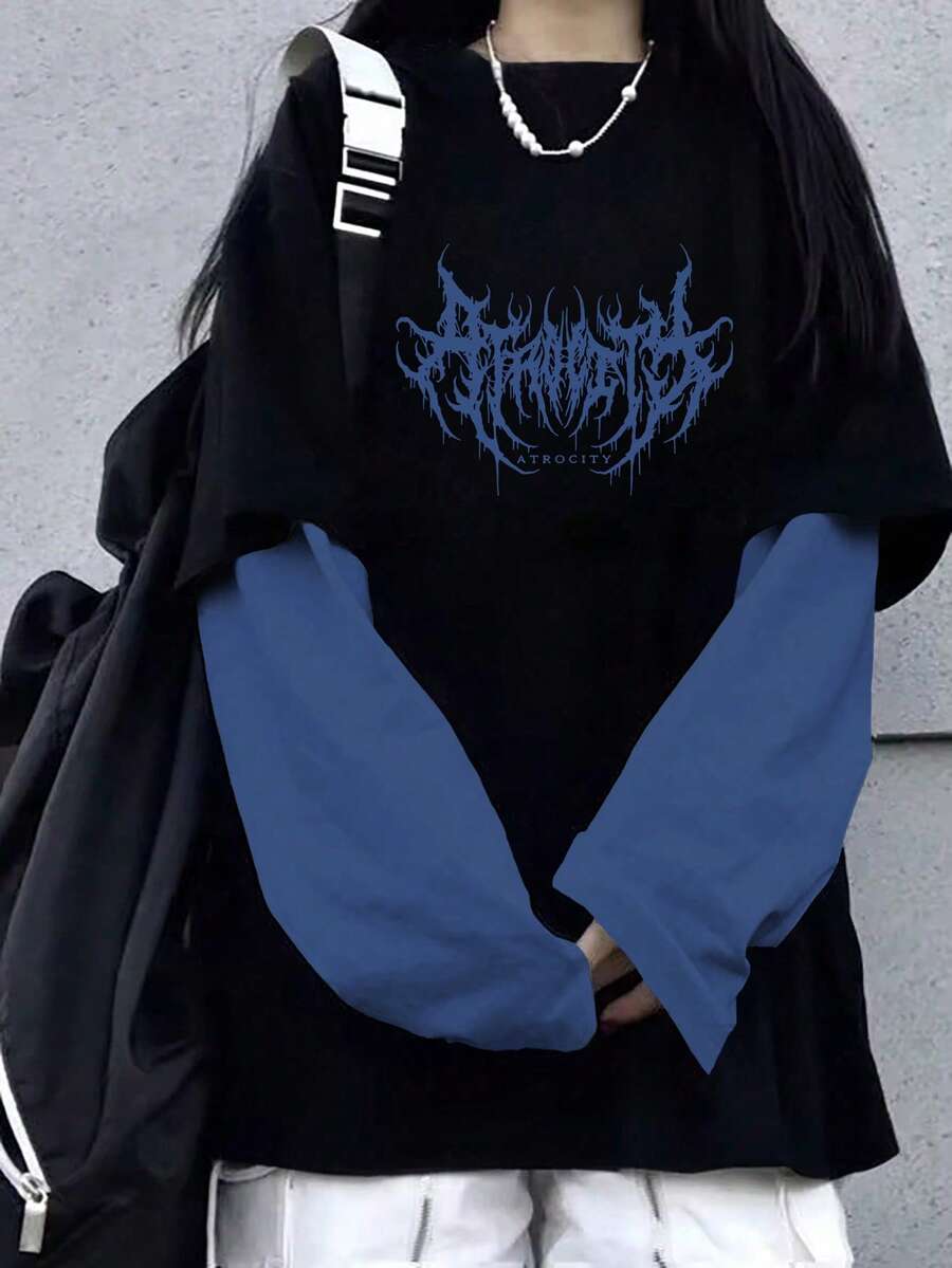 Áo sweatshirt dài tay nữ phong cách retro punk rock gothic phối màu in hình tia chớp, kiểu dáng thường ngày, thích hợp cho mùa xuân. - Màu xanh lam - Xem 1